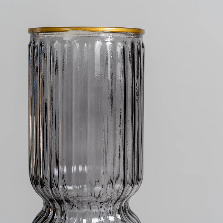 Gold rimmed striped vase- Grey