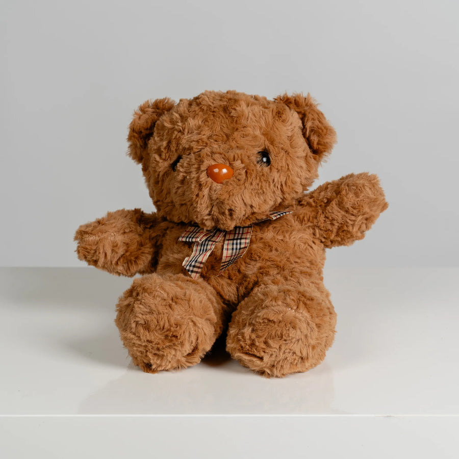 Dark Brown Bear with Plaid Ribbon 28cm