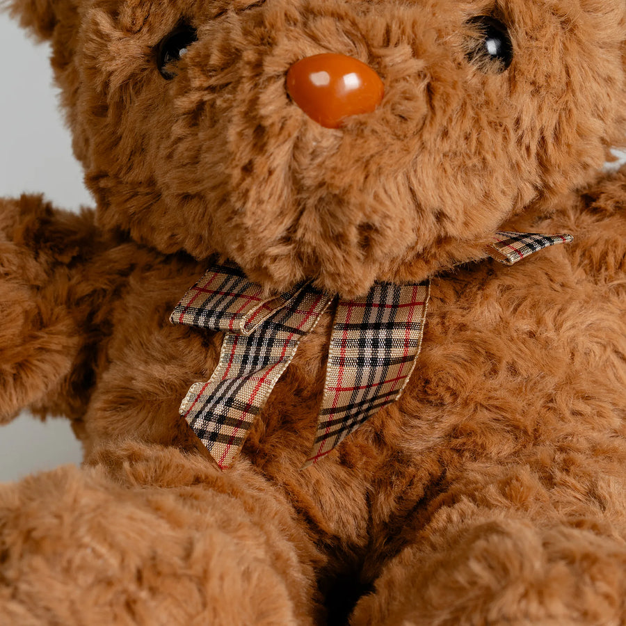 Dark Brown Bear with Plaid Ribbon 28cm
