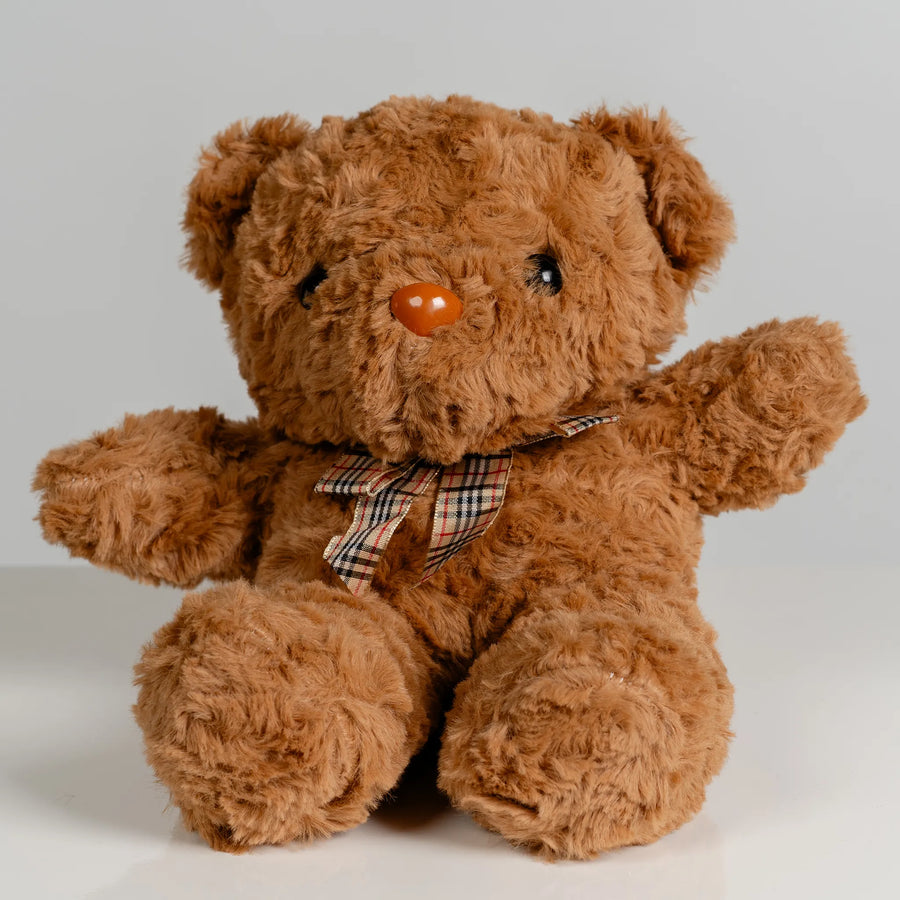 Dark Brown Bear with Plaid Ribbon 28cm