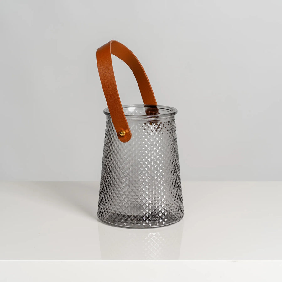 Grey diamond handled Vase with leather strap