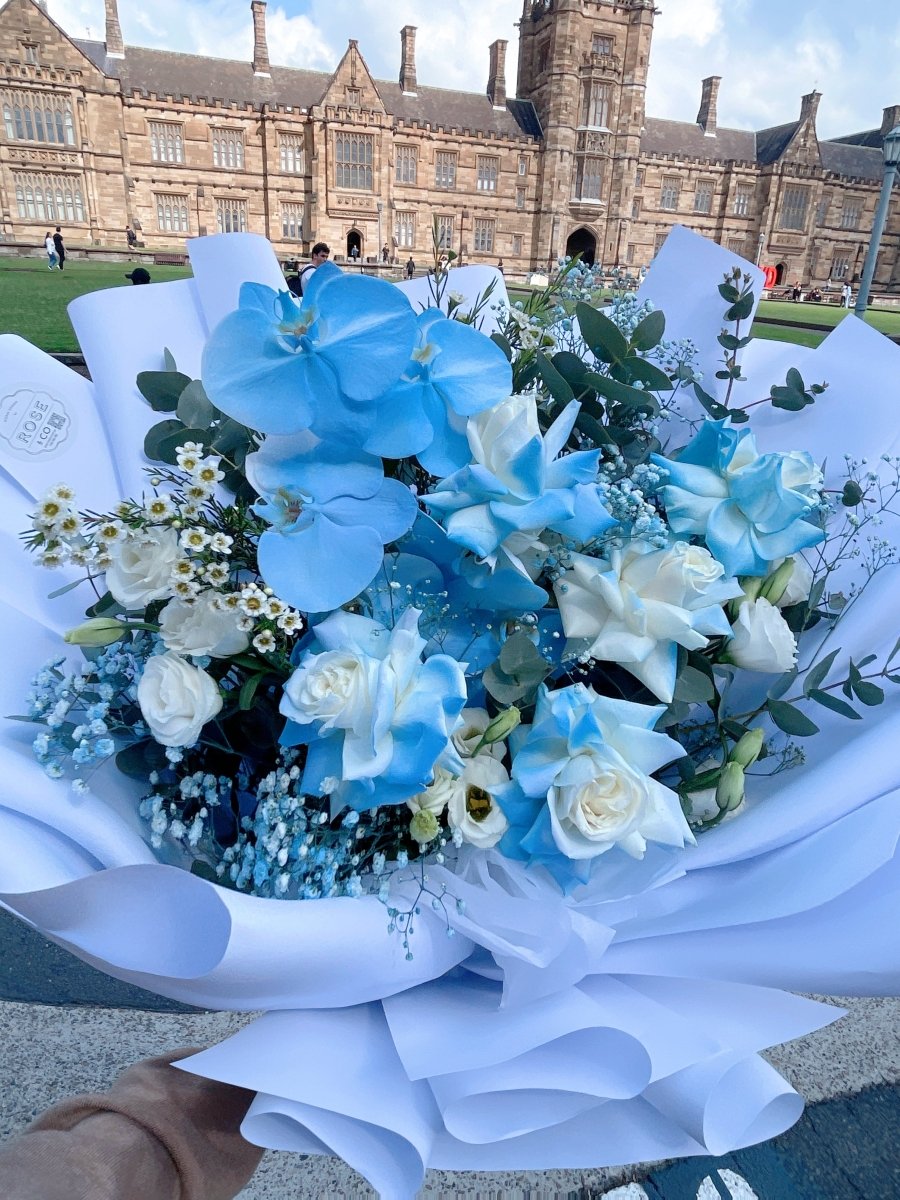 Graduation Bouquet with blue cut phalaenopsis - ROSE &amp; CO